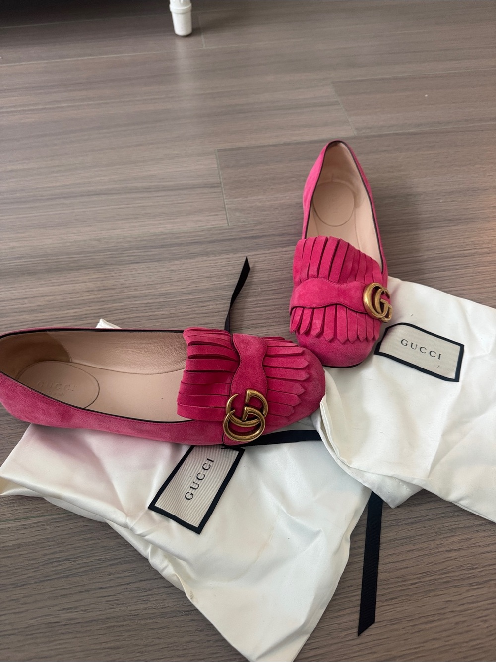Gucci Fuchsia Suede Fringe GG Logo Loafers